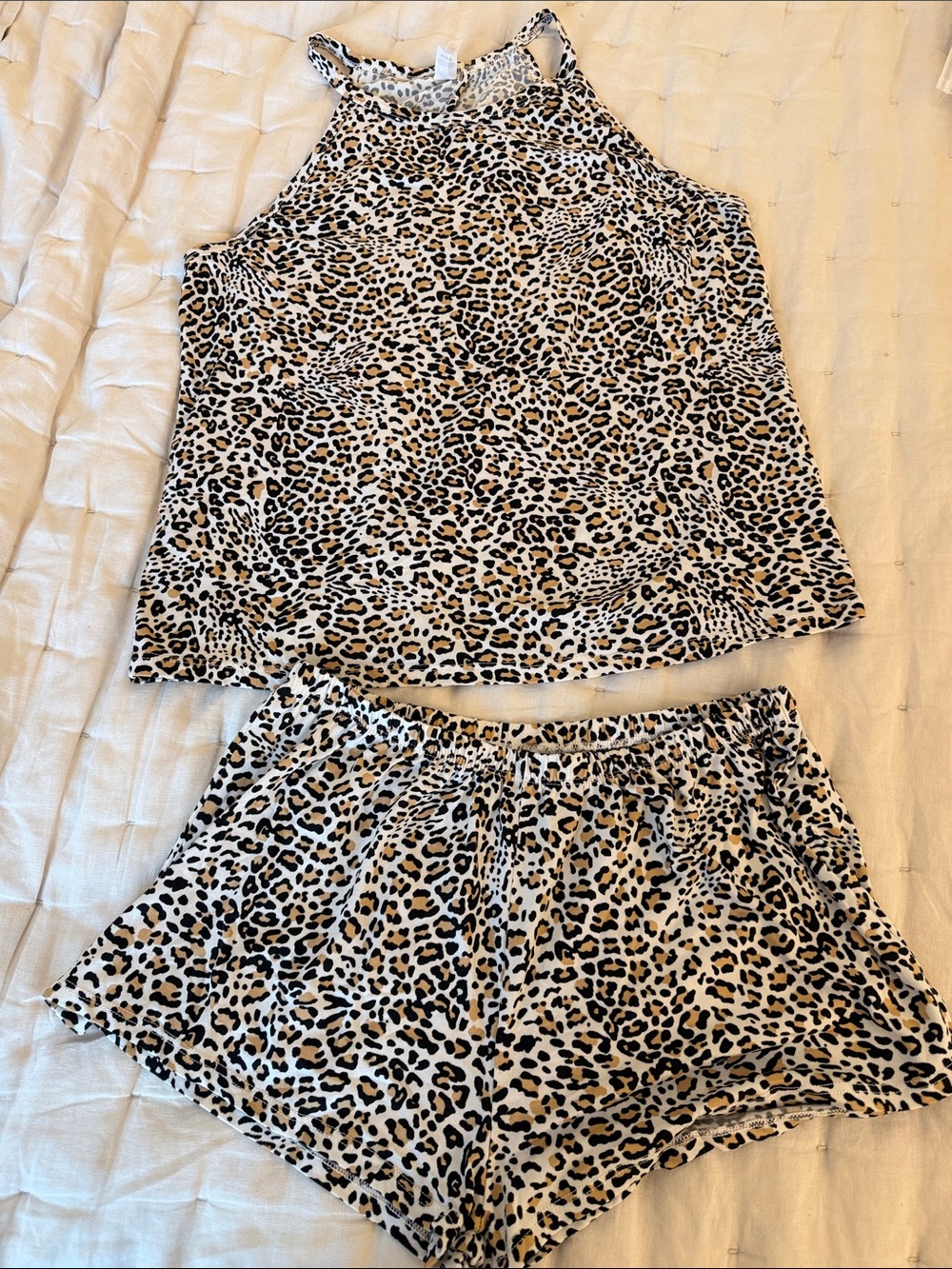 Leopard Print Two-Piece Sleep Set - Women's Beige/Black